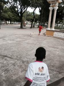 Our companion Bolinha (Little Ball) chasing after children making us all reel with laughter Sunday morning! 